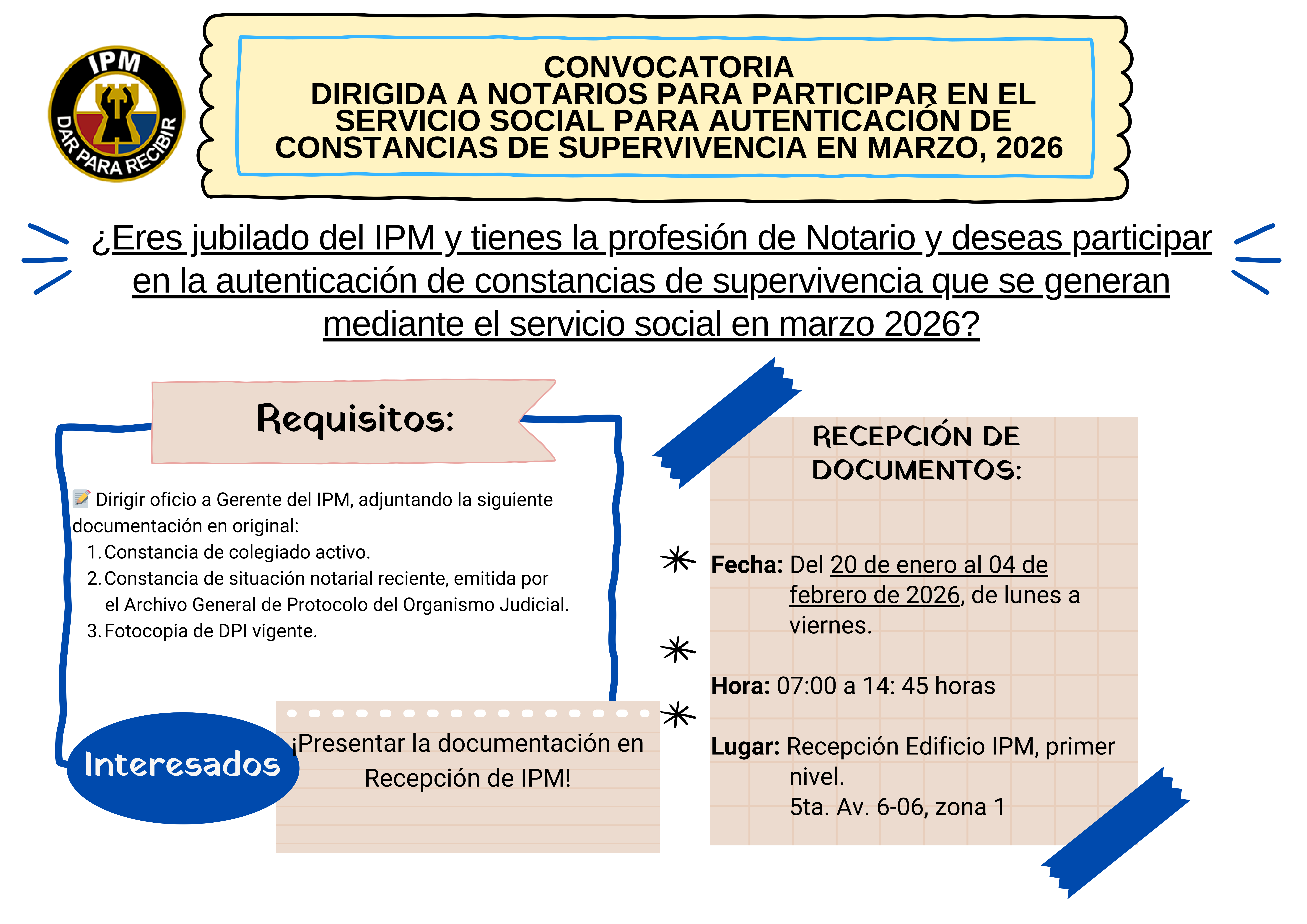 Convocatoria a notarios para participar en el servicio social para autenticación de constancias de supervivencia 2026 IPM