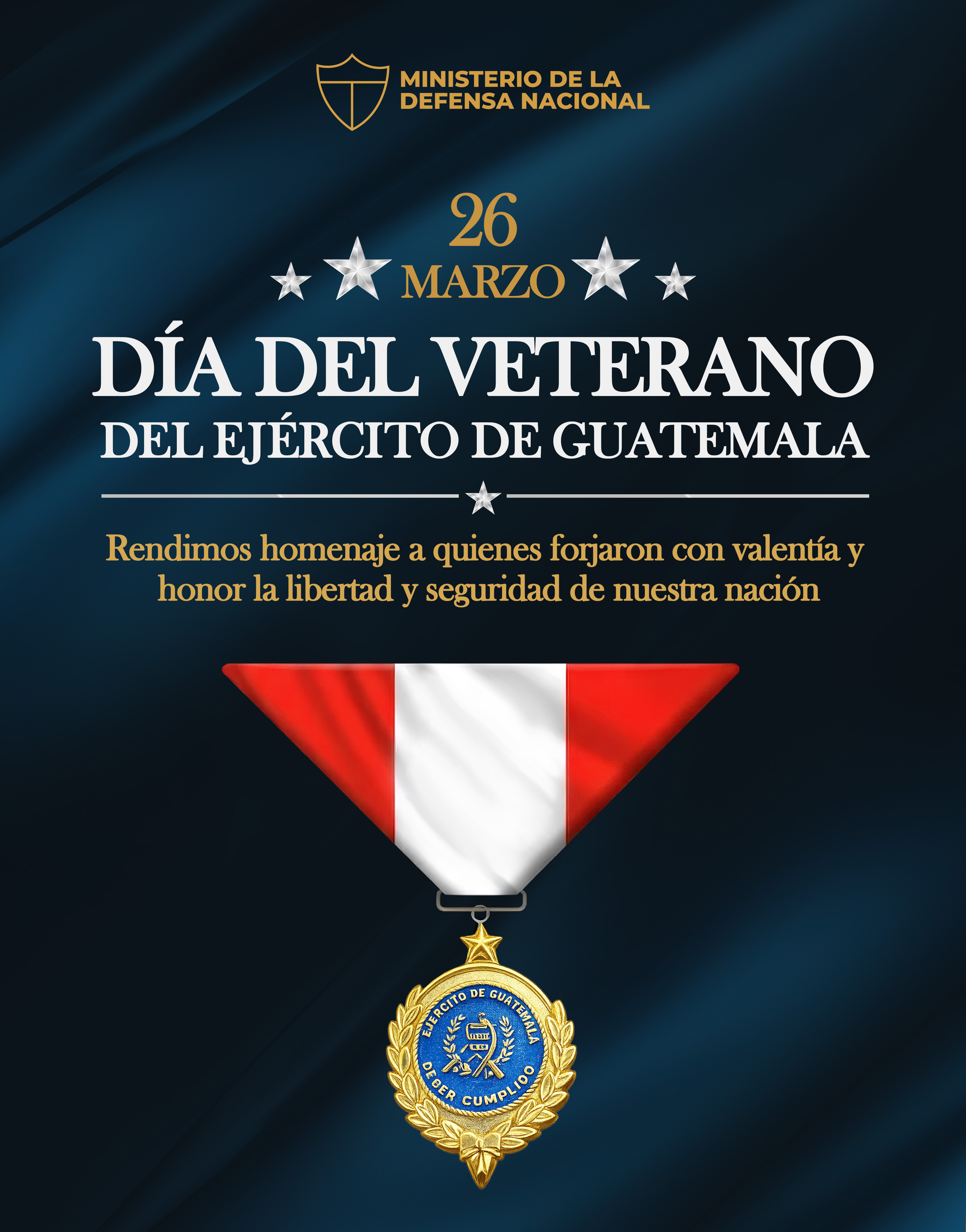 El Instituto de Previsión Militar se une a la felicitación extendida por el Ministerio de la Defensa Nacional, de conformidad con el Acuerdo Ministerial No. 8-2026, de fecha 30ENE2026, mediante el cual se instituye el 26 de marzo como el ''Día del Veterano del Ejército de Guatemala'', así mismo, expresa su respeto y reconocimiento por su valioso aporte al país y reafirma su compromiso con su bienestar y el de sus familias.