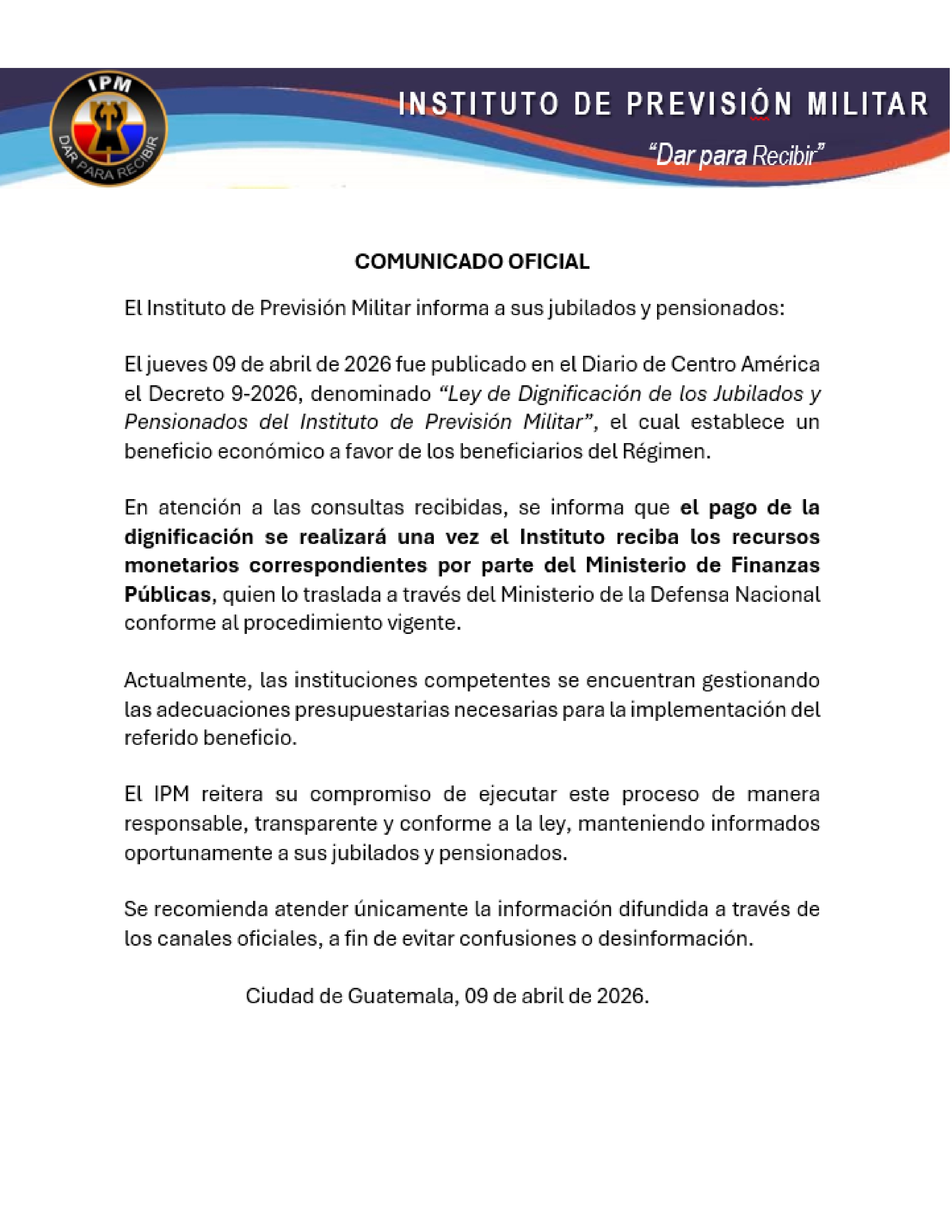Decreto 9-2026, Ley de Dignificación de los Jubilados y Pensionados del Instituto de Previsión Militar